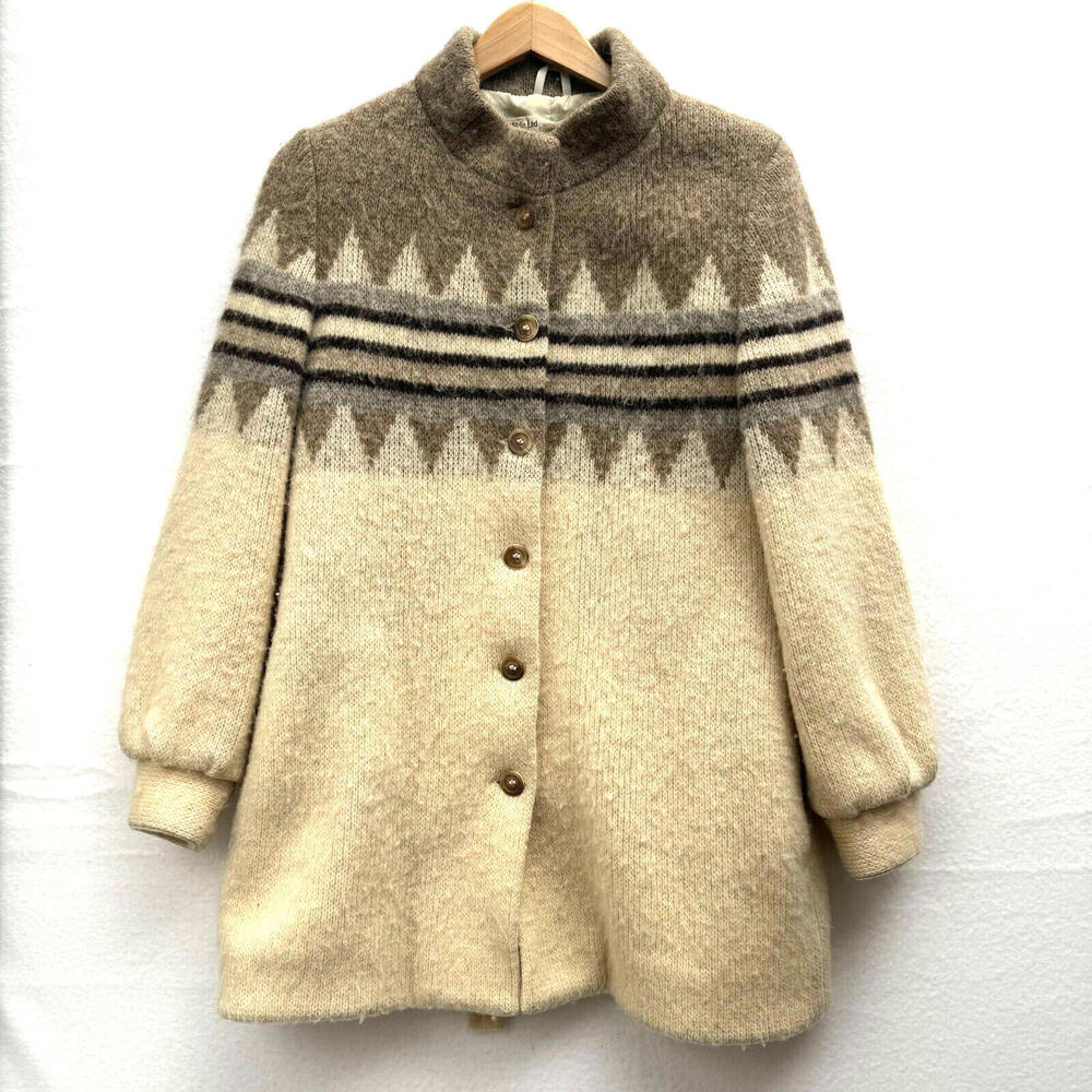 Wool Blend Cream & Taupe Patterned Button-Up Coat